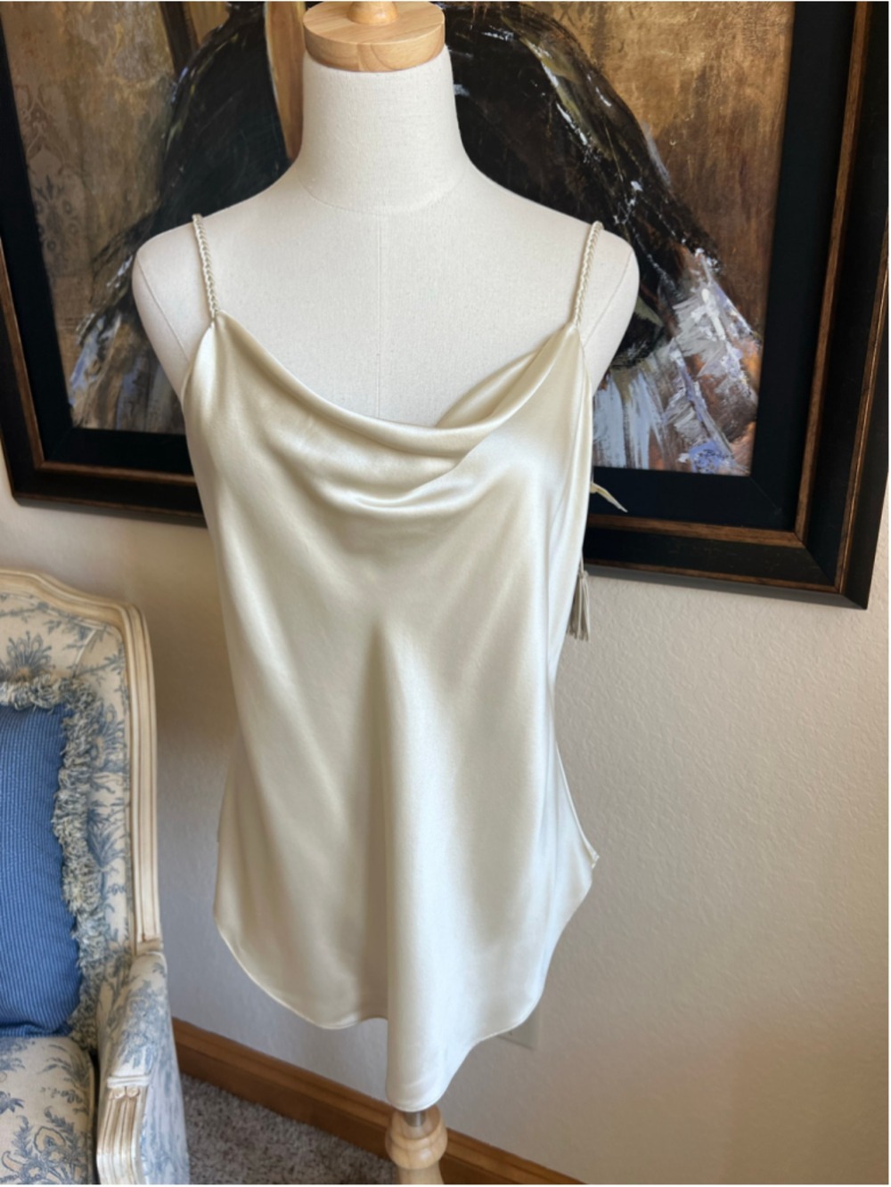 Cinq a Sept Cream Gold Satin Cowl Neck Camisole Top L Braided Tassels Quiet Lux - Picture 3 of 12